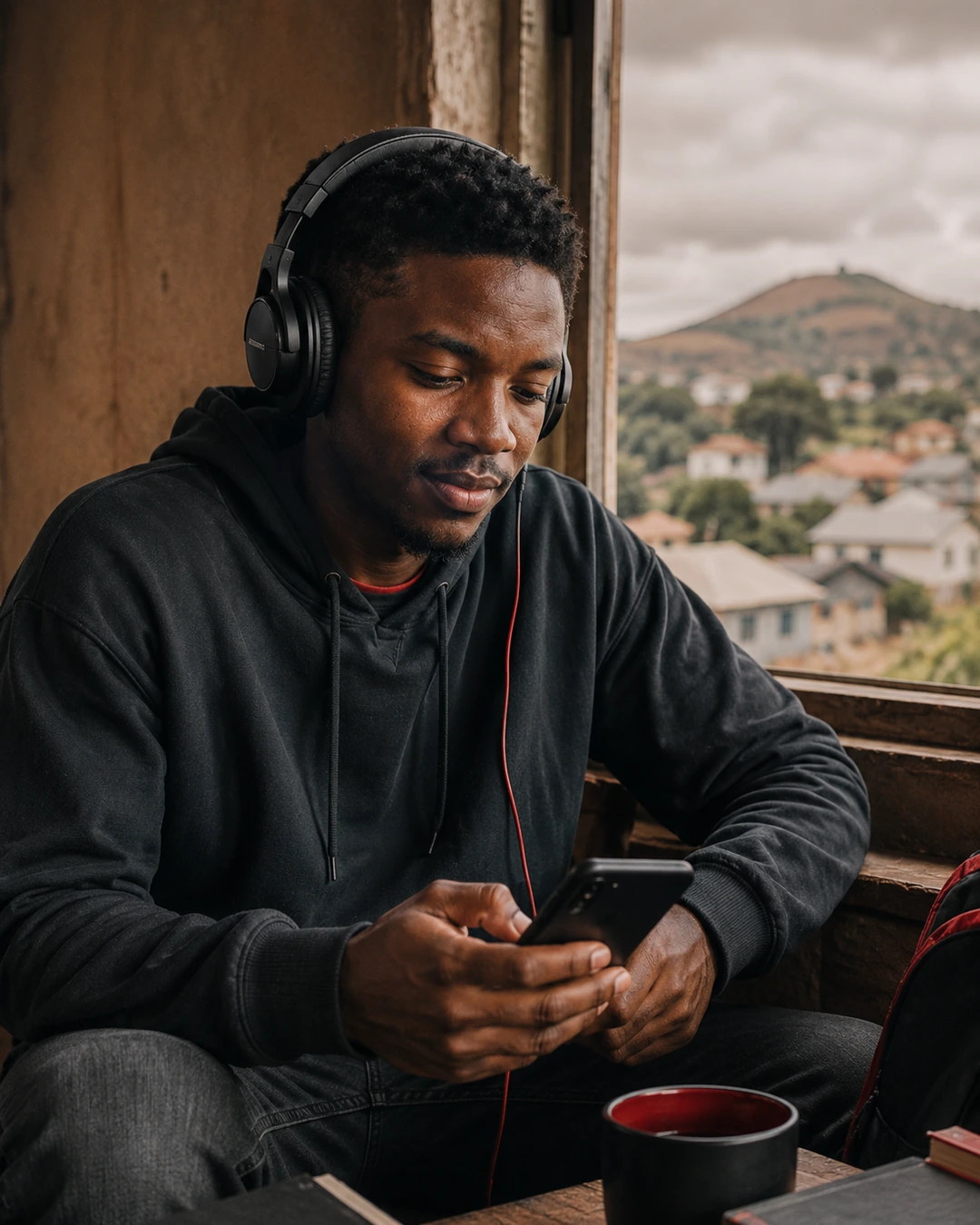 Young Nquthu listener enjoying online radio on a smartphone