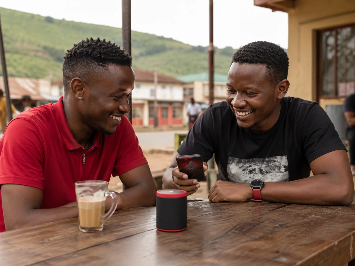 Friends listening to Nquthu Radio together on a mobile phone