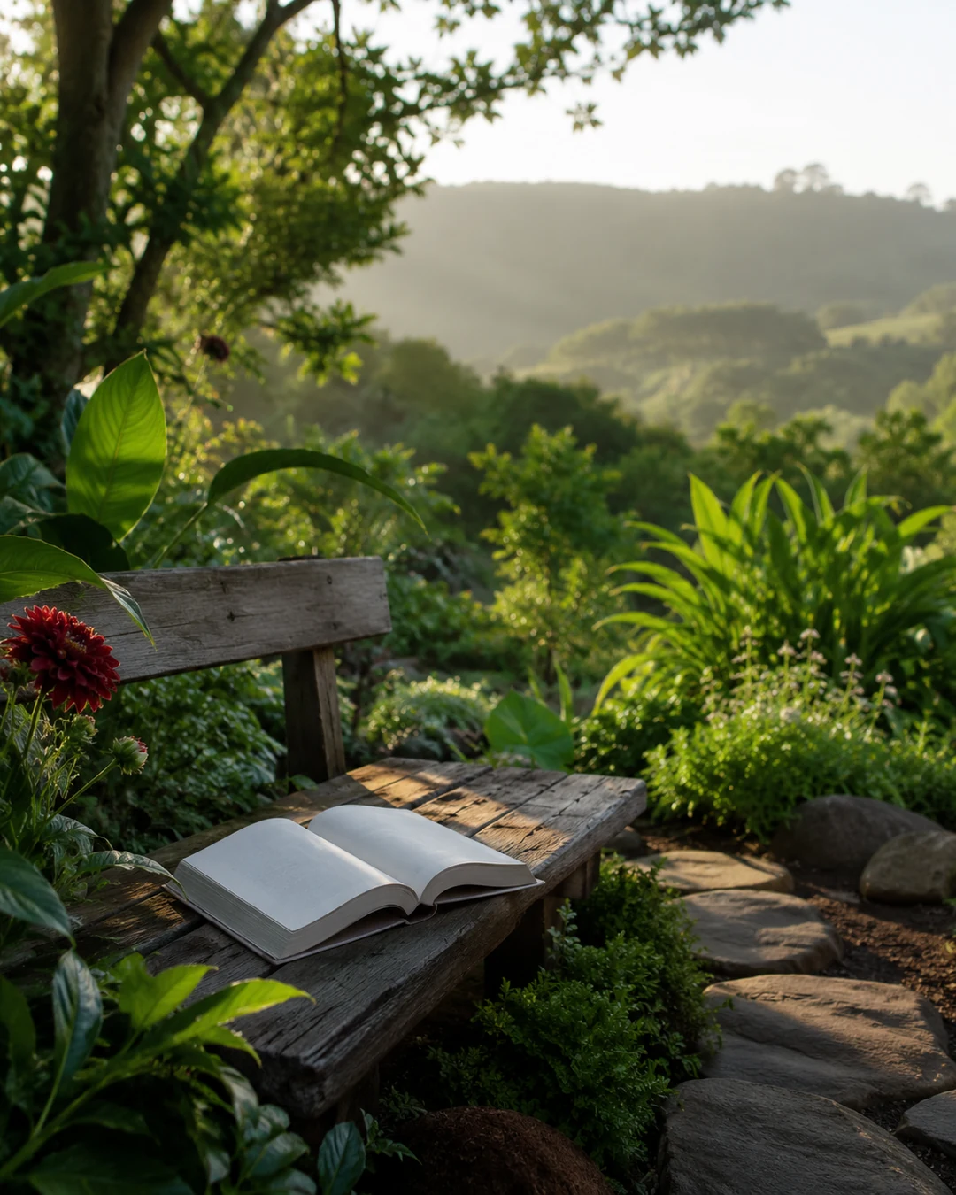 Peaceful garden and spiritual reflection scene